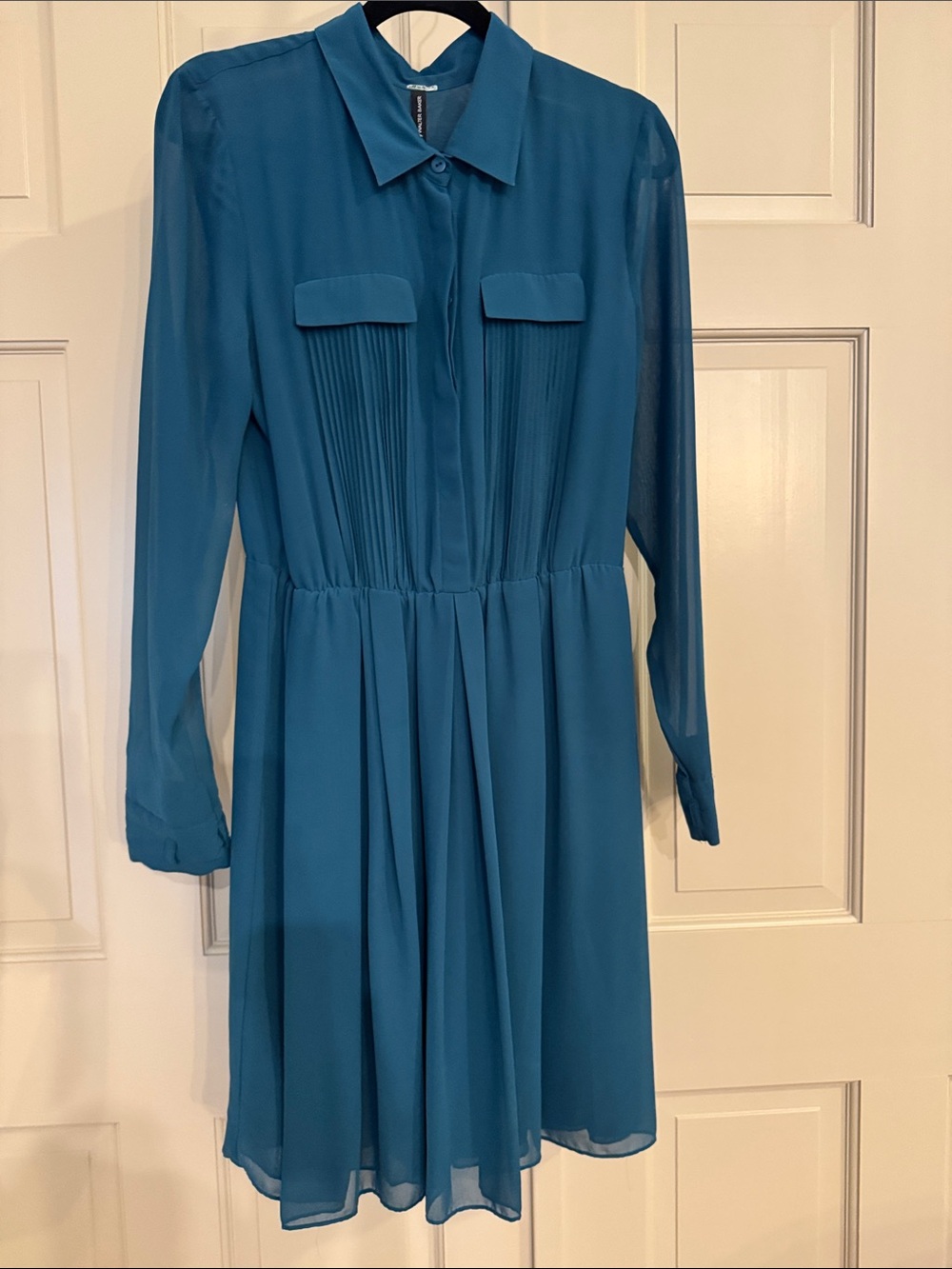 W118 by Walter Baker Teal Pleated Long Sleeve Shirt Dress